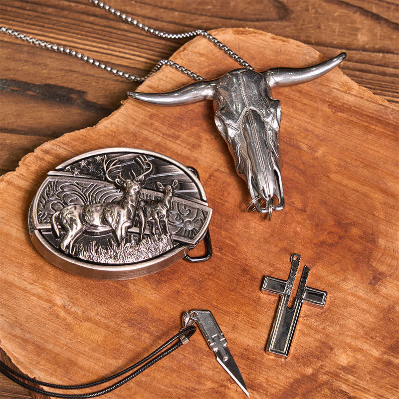 Set di collana con croce creativa, ciondolo a forma di toro, fibbia per cintura con coltello nascosto fai da te Dual Deers