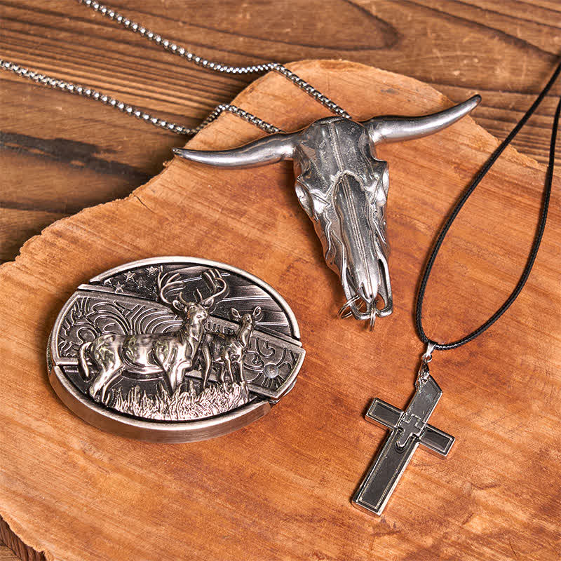 Set di collana con croce creativa, ciondolo a forma di toro, fibbia per cintura con coltello nascosto fai da te Dual Deers