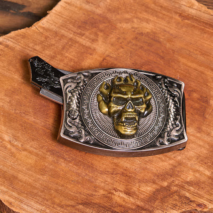 Set di collana con ciondolo a forma di teschio dorato, fibbia per cintura con coltello nascosto fai da te e testa di teschio di toro