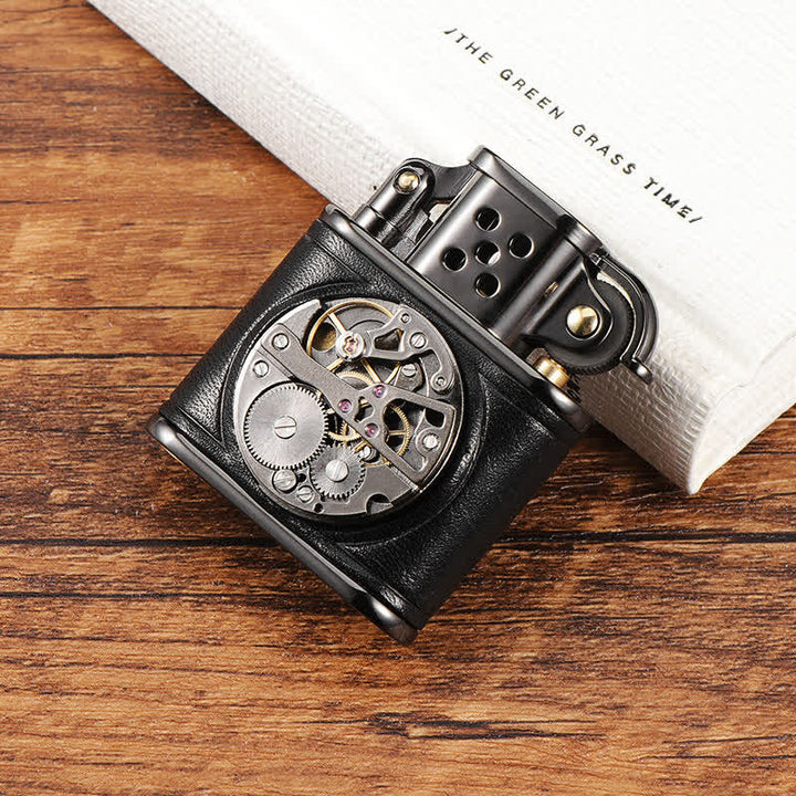 Accendino a cherosene Steampunk Mechanical Antique Leather Flip - Nero - image 0