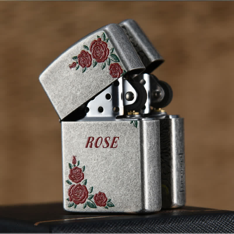 Accendino a cherosene ricaricabile con motivo floreale di rosa rossa