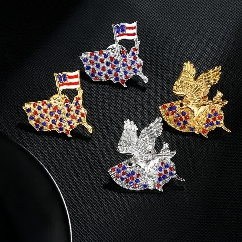 Spilla patriottica con bandiera americana e aquila in strass