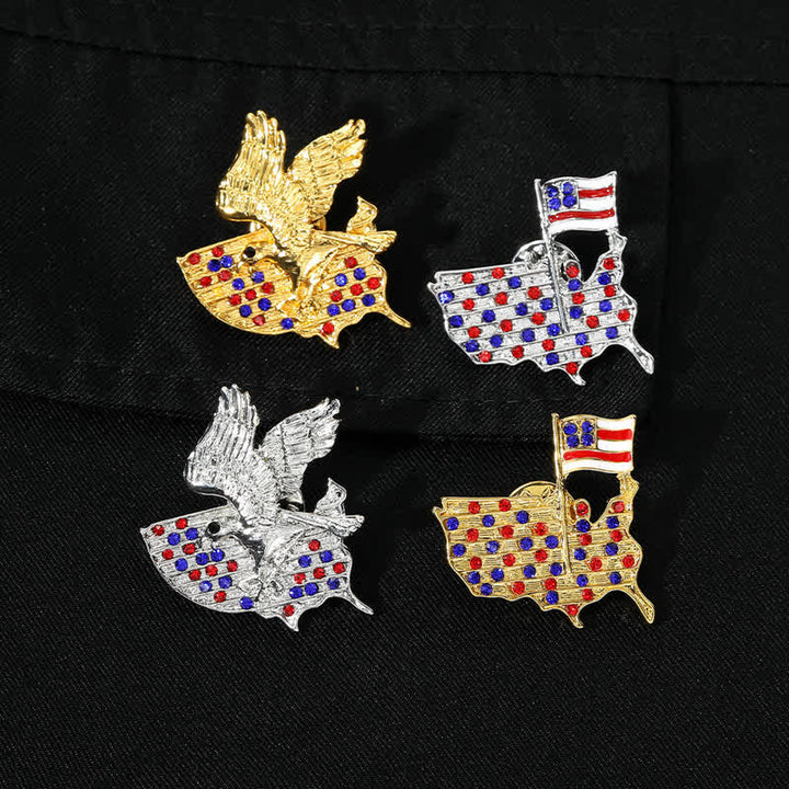 Spilla patriottica con bandiera americana e aquila in strass