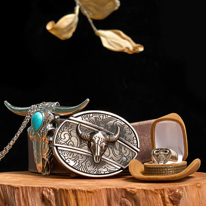 Set di anelli con ciondolo e fibbia per cintura con coltello nascosto fai da te a forma di toro Longhorn turchese