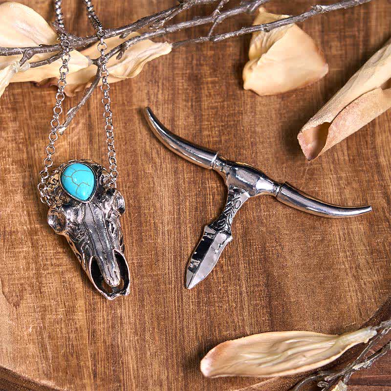 Set di anelli con ciondolo e fibbia per cintura con coltello nascosto fai da te a forma di toro Longhorn turchese