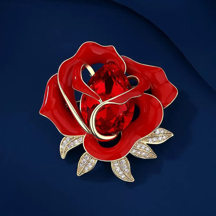 Spilla elegante da donna con bocciolo di rosa rossa in cristallo