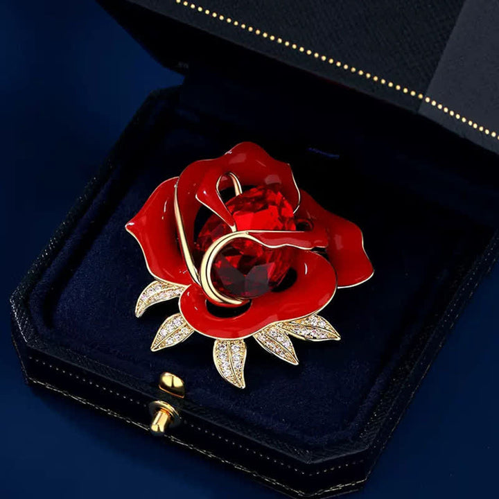 Spilla elegante da donna con bocciolo di rosa rossa in cristallo