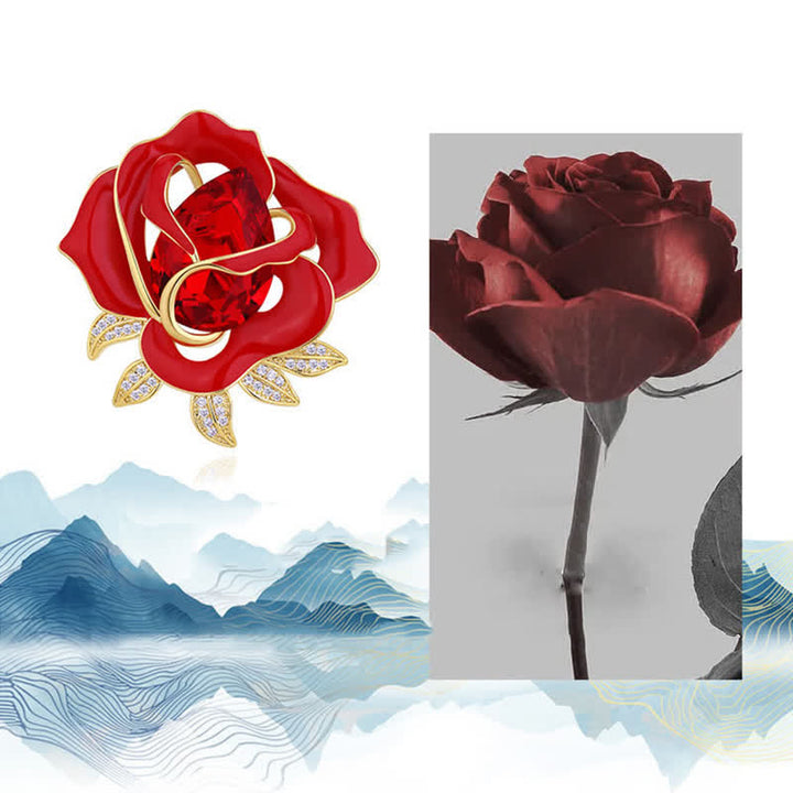 Spilla elegante da donna con bocciolo di rosa rossa in cristallo