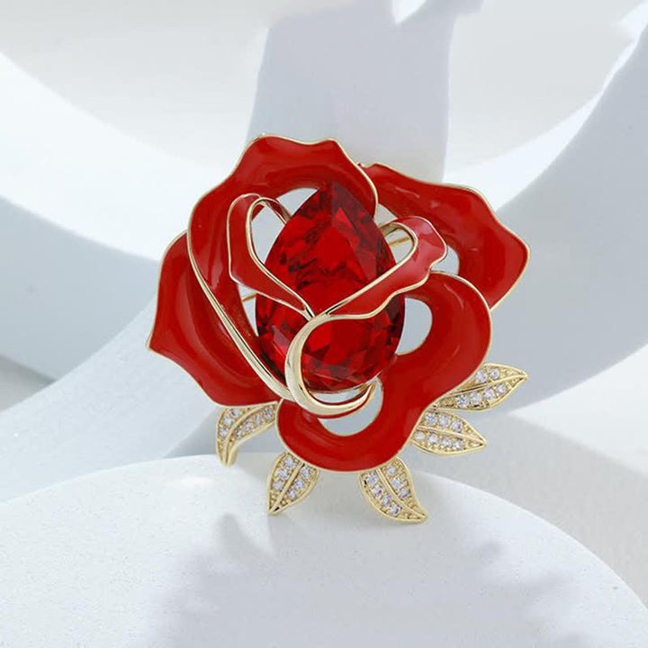 Spilla elegante da donna con bocciolo di rosa rossa in cristallo