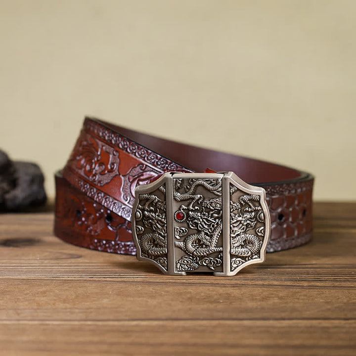 Cintura in pelle fai da te da uomo con drago in argento antico e accendino nascosto - Drago - Cintura marrone intagliata - 42 - image 9
