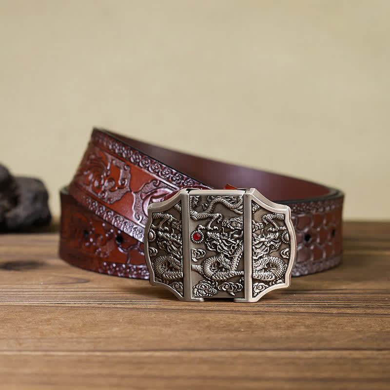 Cintura in pelle fai da te da uomo con drago in argento antico e accendino nascosto - Drago - Cintura marrone intagliata - 42 - image 9
