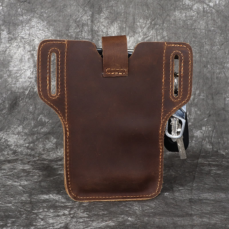 Porta cellulare vintage in pelle con cintura da appendere e portachiavi