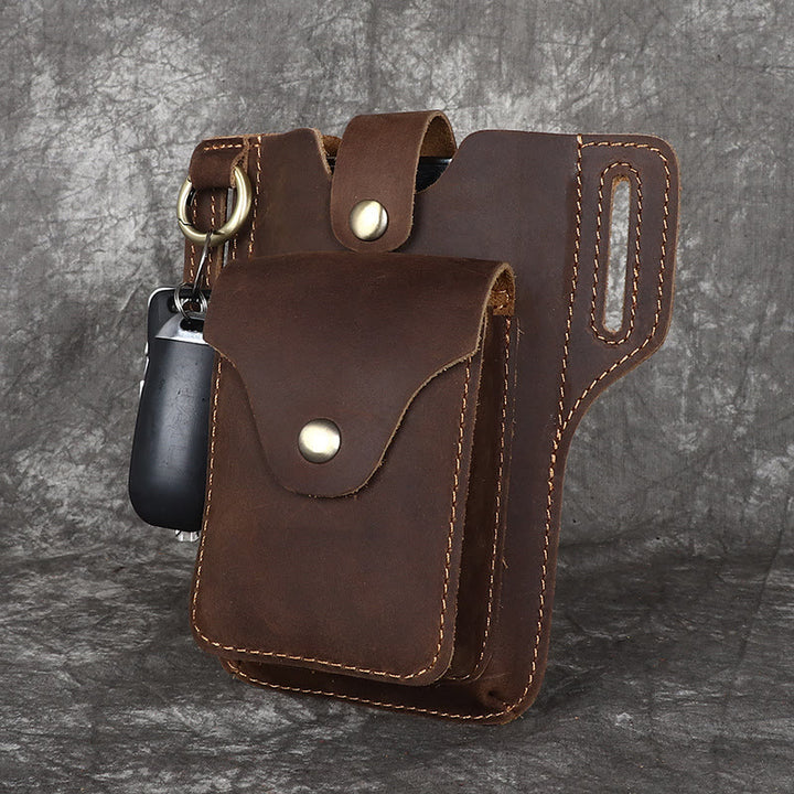 Porta cellulare vintage in pelle con cintura da appendere e portachiavi