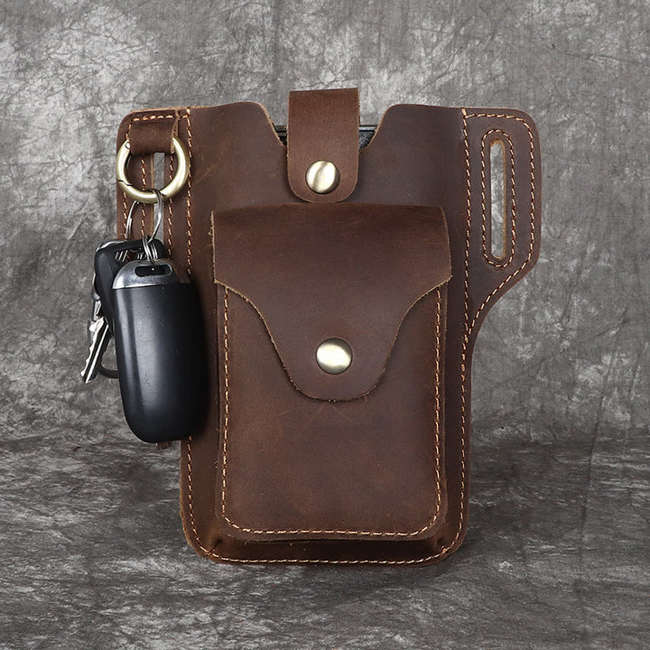 Porta cellulare vintage in pelle con cintura da appendere e portachiavi