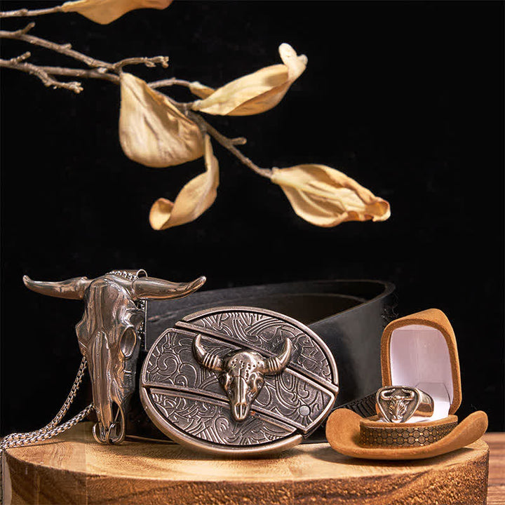 Set di anelli con ciondolo e fibbia per cintura con coltello nascosto fai da te Longhorn Bull - Argento - Cintura con aquila in rilievo nera - 42 - image 15