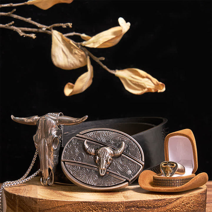Set di anelli con ciondolo e fibbia per cintura con coltello nascosto fai da te Longhorn Bull - Oro - Cintura con aquila in rilievo nera - 42 - image 10