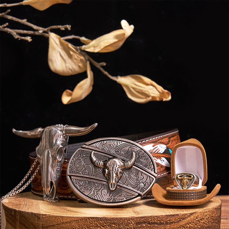 Set di anelli con ciondolo e fibbia per cintura con coltello nascosto fai da te Longhorn Bull - Oro - Cintura di piume marroni - 42 - image 12
