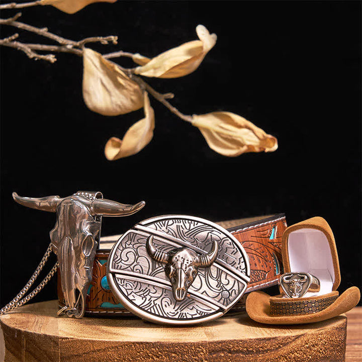 Set di anelli con ciondolo e fibbia per cintura con coltello nascosto fai da te Longhorn Bull - Argento - Cintura intagliata turchese - 42 - image 14