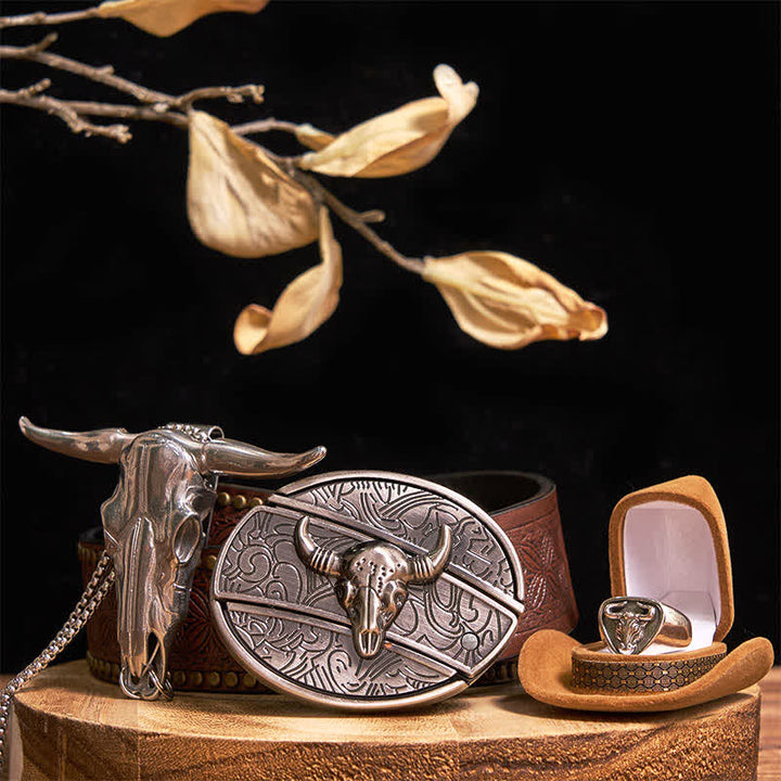 Set di anelli con ciondolo e fibbia per cintura con coltello nascosto fai da te Longhorn Bull - Argento - Cintura con rivetti marroni - 42 - image 16