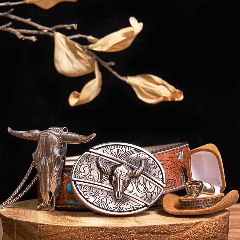 Set di anelli con ciondolo e fibbia per cintura con coltello nascosto fai da te Longhorn Bull - Oro - Cintura intagliata turchese - 42 - image 9