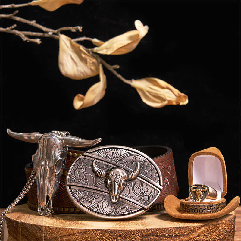 Set di anelli con ciondolo e fibbia per cintura con coltello nascosto fai da te Longhorn Bull - Oro - Cintura con rivetti marroni - 42 - image 11