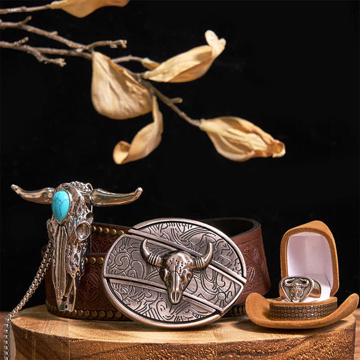 Set di anelli con ciondolo e fibbia per cintura con coltello nascosto fai da te a forma di toro Longhorn turchese - Argento - Cintura con rivetti marroni - 42 - image 7