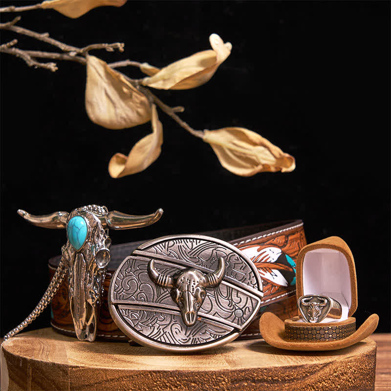 Set di anelli con ciondolo e fibbia per cintura con coltello nascosto fai da te a forma di toro Longhorn turchese - Argento - Cintura di piume marroni - 40 - image 8