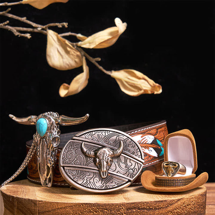 Set di anelli con ciondolo e fibbia per cintura con coltello nascosto fai da te a forma di toro Longhorn turchese - Oro - Cintura di piume marroni - 40 - image 13