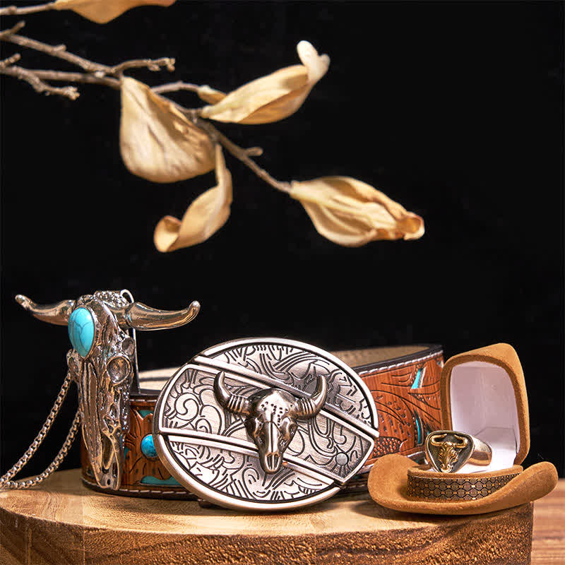Set di anelli con ciondolo e fibbia per cintura con coltello nascosto fai da te a forma di toro Longhorn turchese - Oro - Cintura intagliata turchese - 42 - image 10
