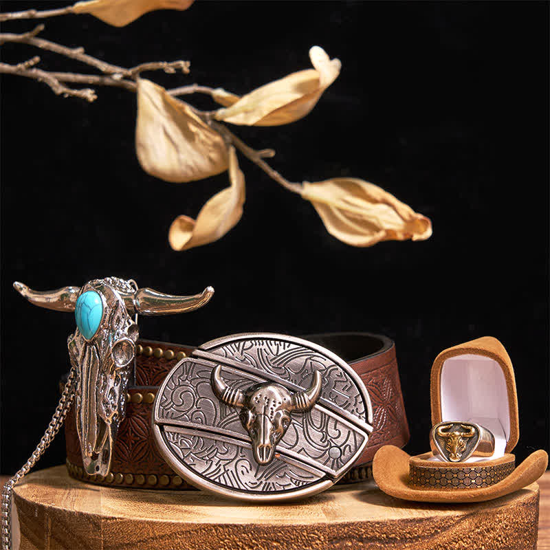 Set di anelli con ciondolo e fibbia per cintura con coltello nascosto fai da te a forma di toro Longhorn turchese