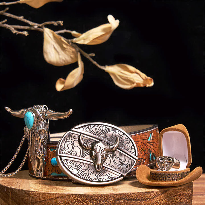 Set di anelli con ciondolo e fibbia per cintura con coltello nascosto fai da te a forma di toro Longhorn turchese - Argento - Cintura intagliata turchese - 42 - image 5