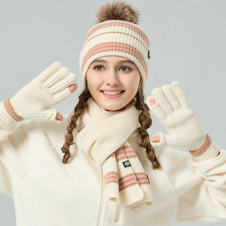 Set di 3 cappelli, sciarpe e guanti lavorati a maglia con motivo a righe unisex e palline di pelo - image 12
