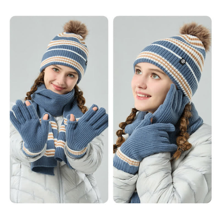 Set di 3 cappelli, sciarpe e guanti lavorati a maglia con motivo a righe unisex e palline di pelo - image 2