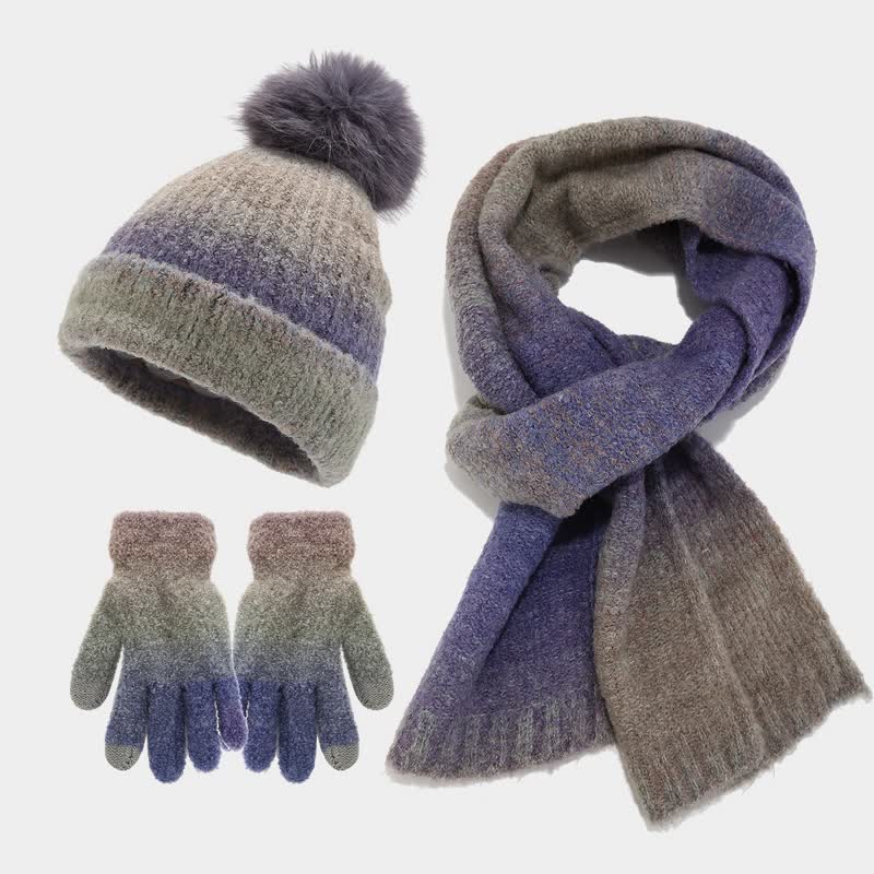 3 pezzi unisex colorato tie-dyed palla di pelliccia lavorato a maglia cappello sciarpa guanti set - Viola - Regolabile (22"-23 5/8") - image 0