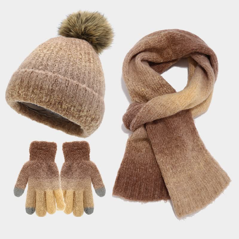 3 pezzi unisex colorato tie-dyed palla di pelliccia lavorato a maglia cappello sciarpa guanti set - Cachi - Regolabile (22"-23 5/8") - image 27