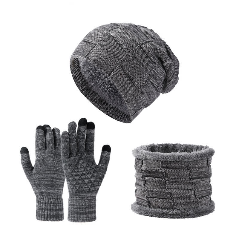 Set di 3 guanti scaldacollo lavorati a maglia quadrati bicolore unisex - Grigio - Regolabile (21 5/8"-23 5/8") - image 3