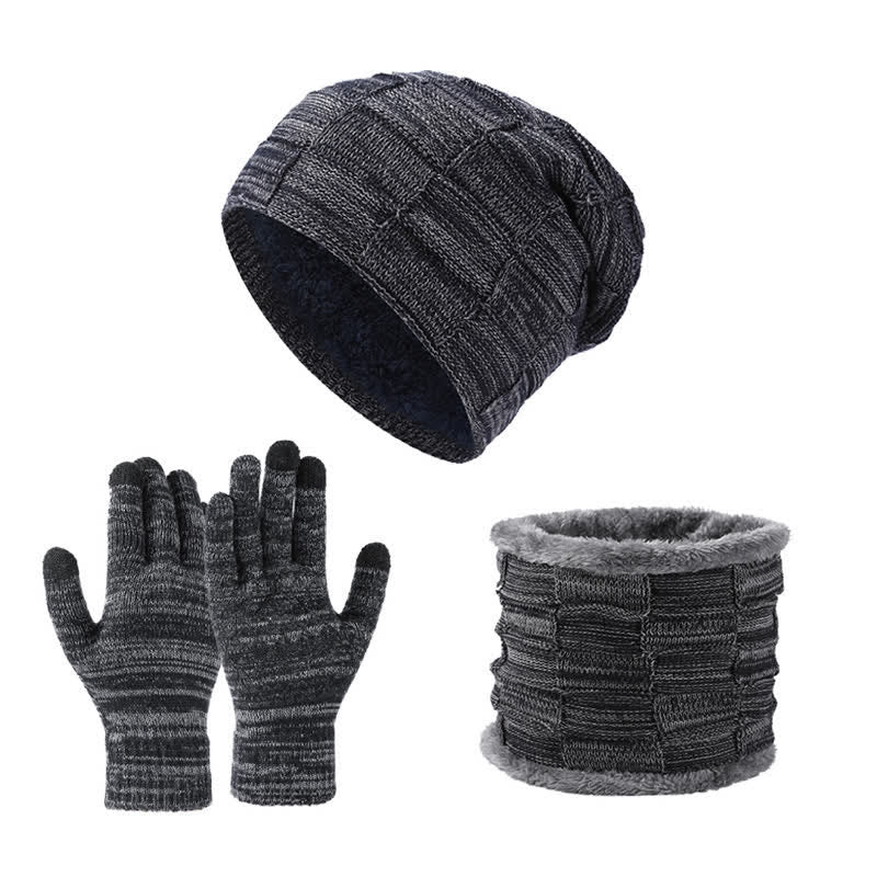 Set di 3 guanti scaldacollo lavorati a maglia quadrati bicolore unisex - Blu notte - Regolabile (21 5/8"-23 5/8") - image 2