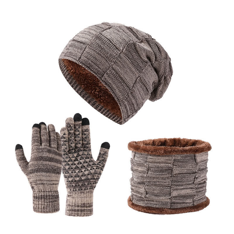 Set di 3 guanti scaldacollo lavorati a maglia quadrati bicolore unisex - Cachi scuro - Regolabile (21 5/8"-23 5/8") - image 0