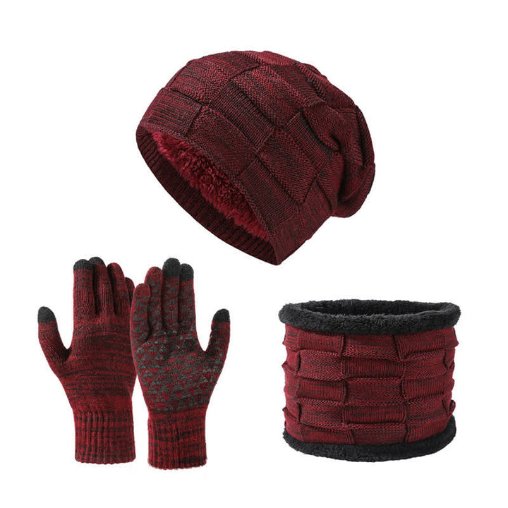 Set di 3 guanti scaldacollo lavorati a maglia quadrati bicolore unisex - Borgogna - Regolabile (21 5/8"-23 5/8") - image 4