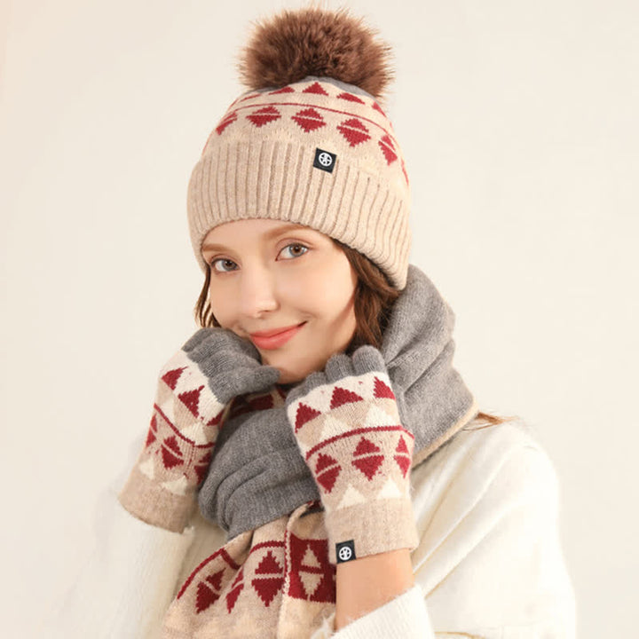 3 pezzi unisex triangolo modello pelliccia pompon cappello lavorato a maglia sciarpa guanti set - image 3