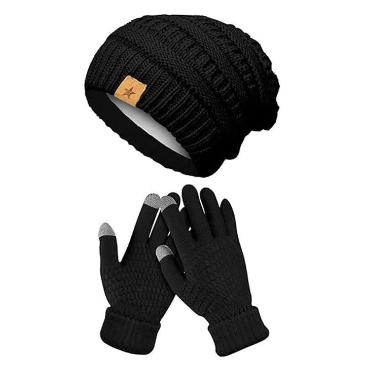 2 pezzi unisex semplice tinta unita lavorato a maglia cappello sciarpa guanti set - Nero - Regolabile (21 1/4"-22 7/8") - image 0