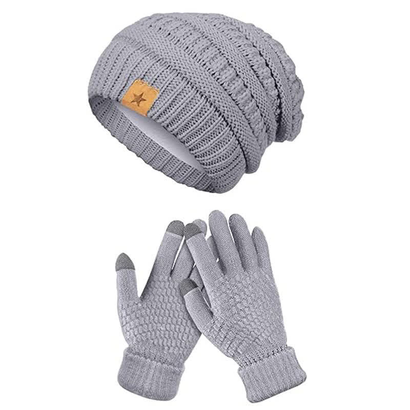 2 pezzi unisex semplice tinta unita lavorato a maglia cappello sciarpa guanti set - Grigio chiaro - Regolabile (21 1/4"-22 7/8") - image 5
