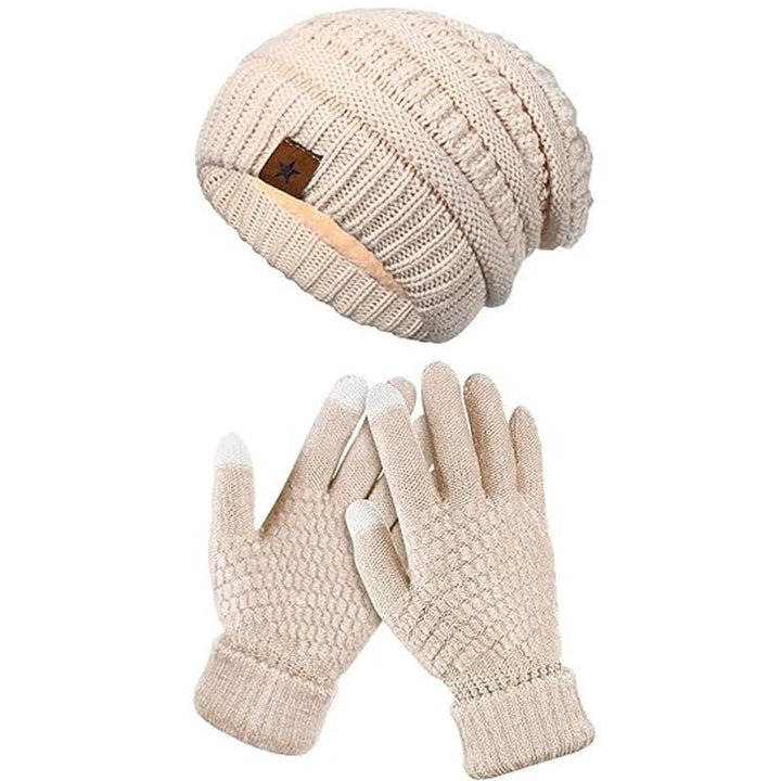 2 pezzi unisex semplice tinta unita lavorato a maglia cappello sciarpa guanti set - Avorio - Regolabile (21 1/4"-22 7/8") - image 2