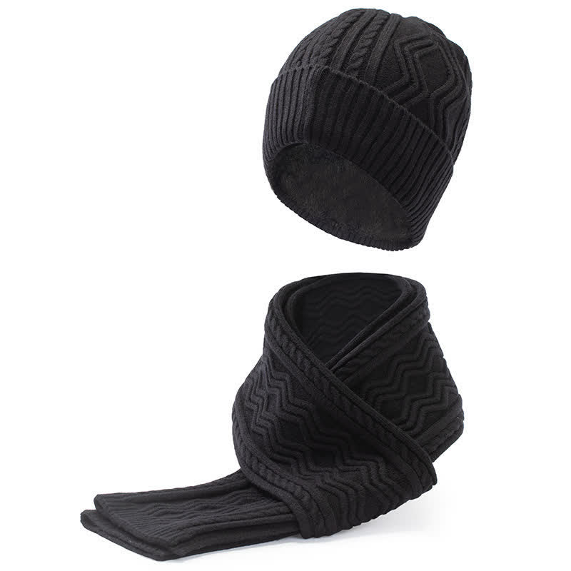 2 pezzi unisex jacquard tinta unita lavorato a maglia cappello sciarpa guanti set - Nero - Regolabile (21 1/4"-22 7/8") - image 3