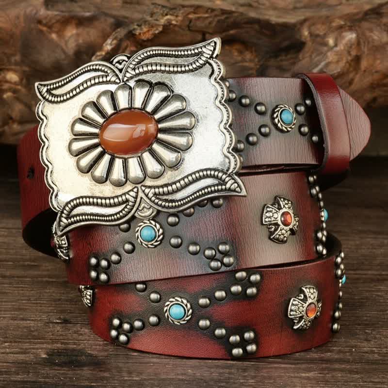 Cintura in pelle con borchie occidentali decorate con pietre colorate e gemme - image 1