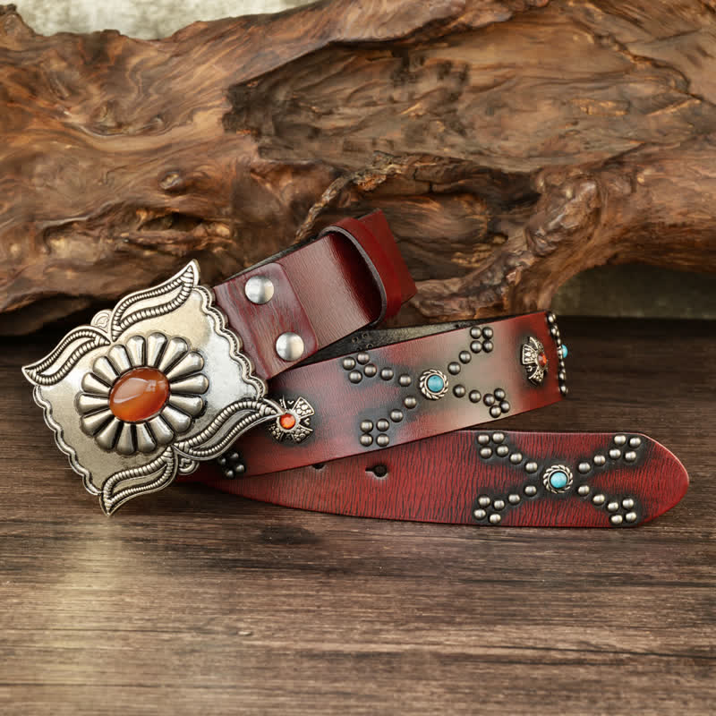 Cintura in pelle con borchie occidentali decorate con pietre colorate e gemme - Marrone - 42 - image 0