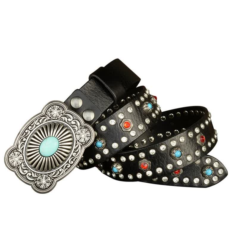 Cintura in pelle nera retrò con borchie gemma rosse e blu gotiche