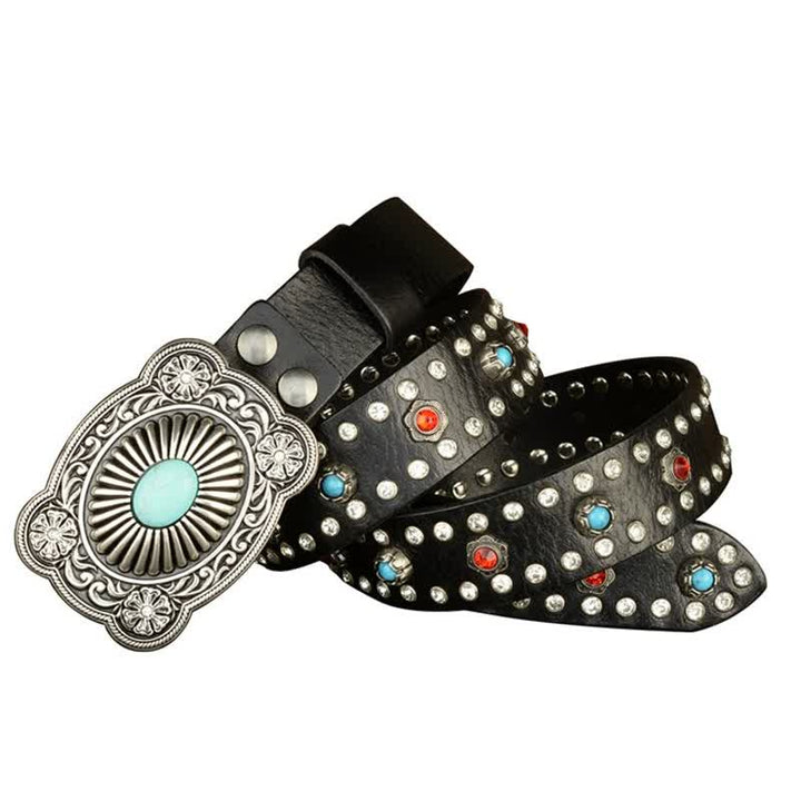 Cintura in pelle nera retrò con borchie gemma rosse e blu gotiche
