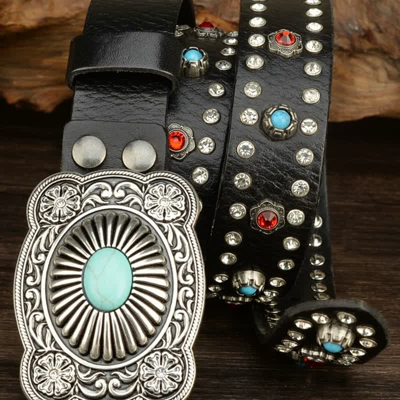 Cintura in pelle nera retrò con borchie gemma rosse e blu gotiche - image 3