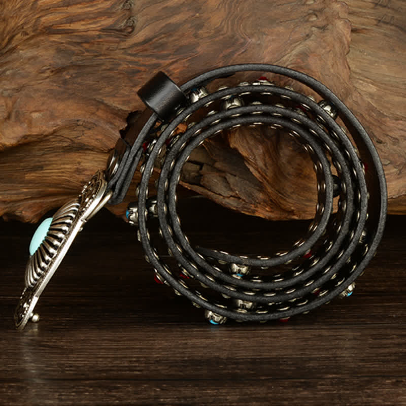Cintura in pelle nera retrò con borchie gemma rosse e blu gotiche